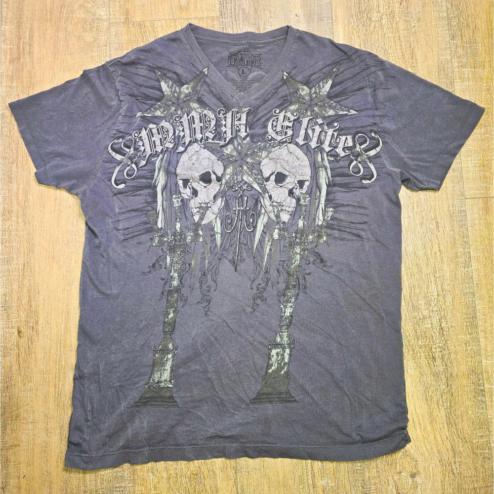 Vintage MMA Elite Men's V-Neck Graphic T-Shirt - Gray Skull & Sword Size L
